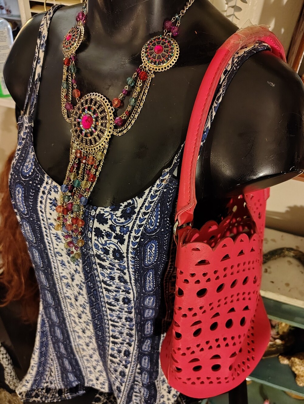 Neiman Marcus Pink Laser Cut Bucket Bag & Boho Waterfall Statement Necklace Set
